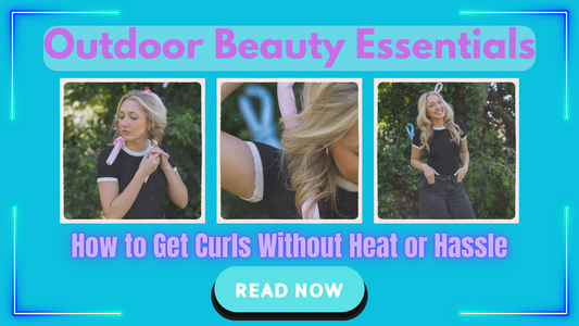 Step-by-step heatless curling method for outdoor women using a satin curling rod, shown with before and after results. Perfect for camping, hiking, or van life beauty routines without heat or electricity